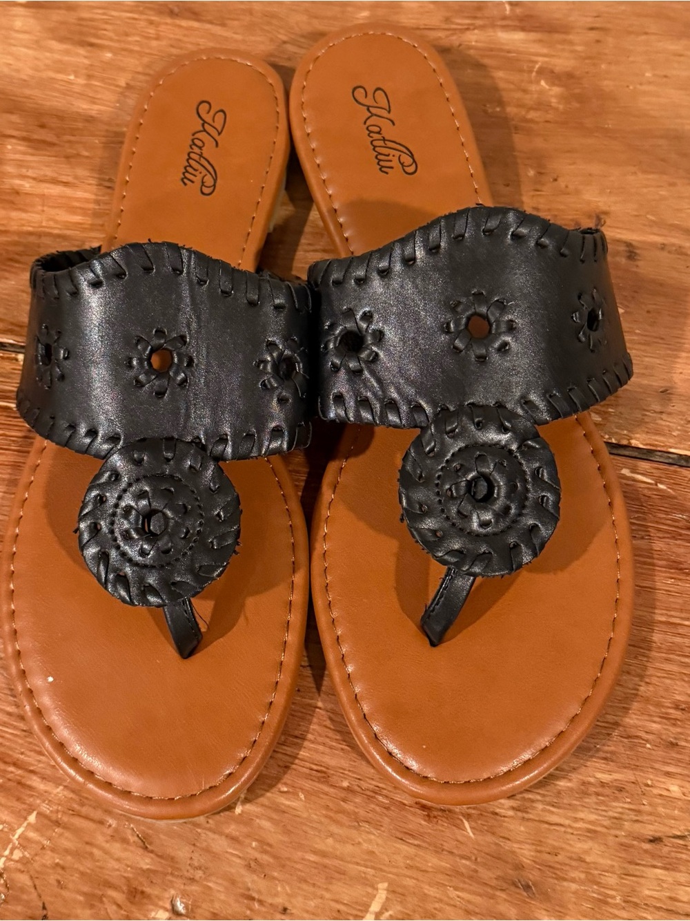 Black Leatherette Floral Thong Sandals - Women
